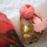 Vintage Bracelet Mid Century Floral Jewelry Bangle Peach Pink  Rose Gold Tone Metal & Plastic Classic Romantic Rose Floral  WhenRosesBloom