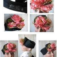 Vintage Black Hat Retro Straw Pink Floral Accent Classic Elegant Tea Party Circa 1930-1950s Hi Style Hats Women's Accessories WhenRosesBloom