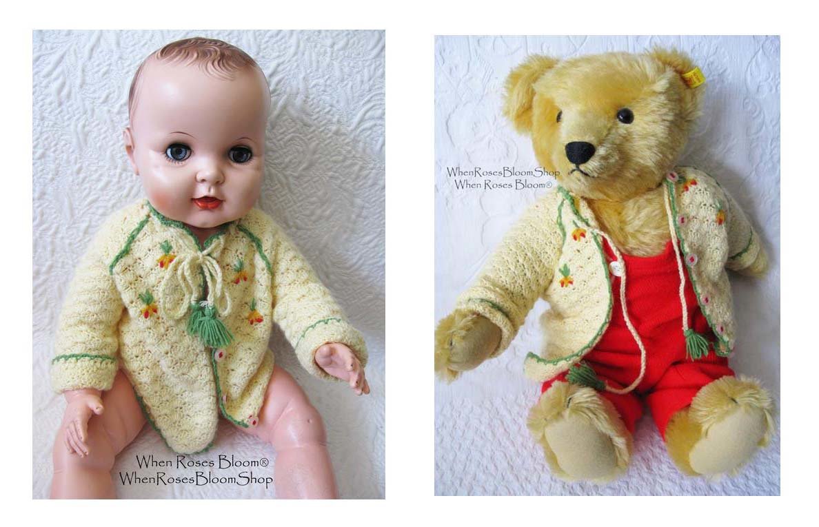 Vintage Baby Jacket Cardigan Matinee Jacket  Hand Crochet Teddy Bear Dolly Sweater Boho Style Baby Keepsake Heirloom Gift WhenRosesBloom