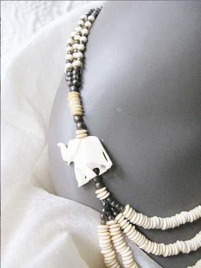 Carved Bead and Silver Elephant Necklace Vintage Statemen Ethnic Safari Africa Boho Minimalist Retro Tribal 60s 70s  WhenRosesBloom