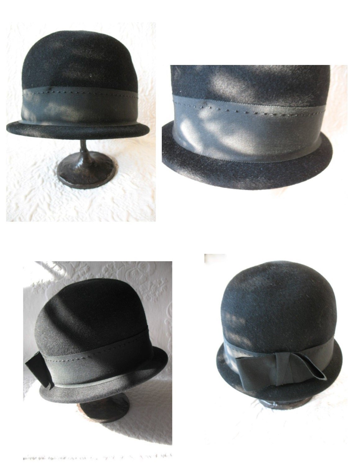 Vintage Black Derby Cloche Hat Retro Vintage Hipster Mod Boho Steampunk Bowler Bohomian 60s Cosplay Twiggy Audrey Hepburn WhenRosesBloom