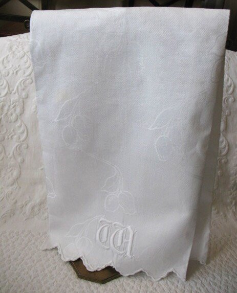 Vintage Linen Towel White Monogram W Initial Wedding Keepsake  Heirloom Embroidery Tea Towel Spa  Farmhouse Cottage Style WhenRosesBloom