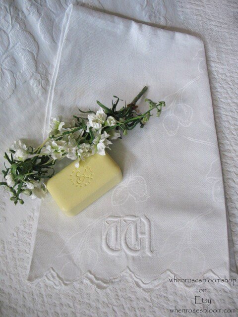 Vintage Linen Towel White Monogram W Initial Wedding Keepsake  Heirloom Embroidery Tea Towel Spa  Farmhouse Cottage Style WhenRosesBloom