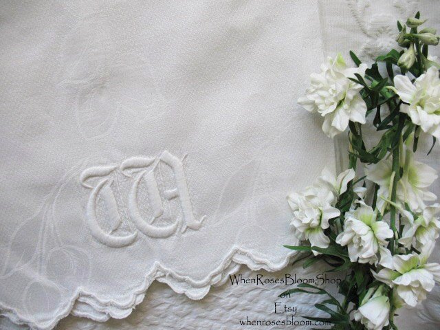 Vintage Linen Towel White Monogram W Initial Wedding Keepsake  Heirloom Embroidery Tea Towel Spa  Farmhouse Cottage Style WhenRosesBloom