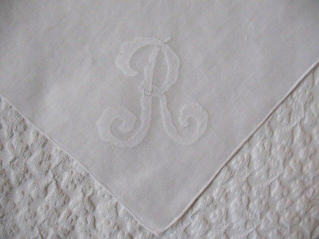 Vintage Hanky White  R Initial Monogram Wedding Keepsake Birthday Gift Remembrance Heirloom Handkerchief Free Ship  US  WhenRosesBloom
