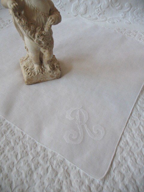 Vintage Hanky White  R Initial Monogram Wedding Keepsake Birthday Gift Remembrance Heirloom Handkerchief Free Ship  US  WhenRosesBloom