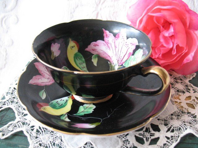 Vintage Tea Cup Black Pink Floral Bird Occupied Japan Mid Century Tea Gift Steampunk Victorian Downton Cottage Shabby Chic WhenRosesBloom