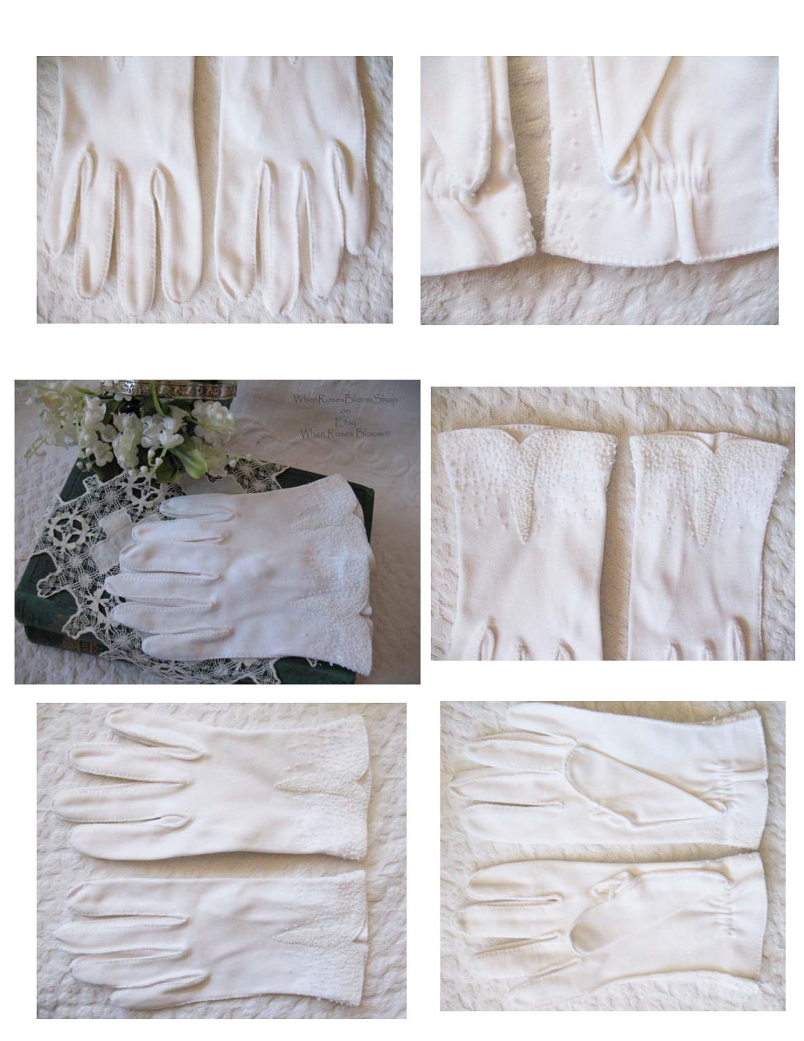 White Gloves Short Beaded Elegant Vintage Tea Party Dance Wedding Bride 1st Communion Flower Girl Bridesmaid FREE SHIP US WhenRosesBloom
