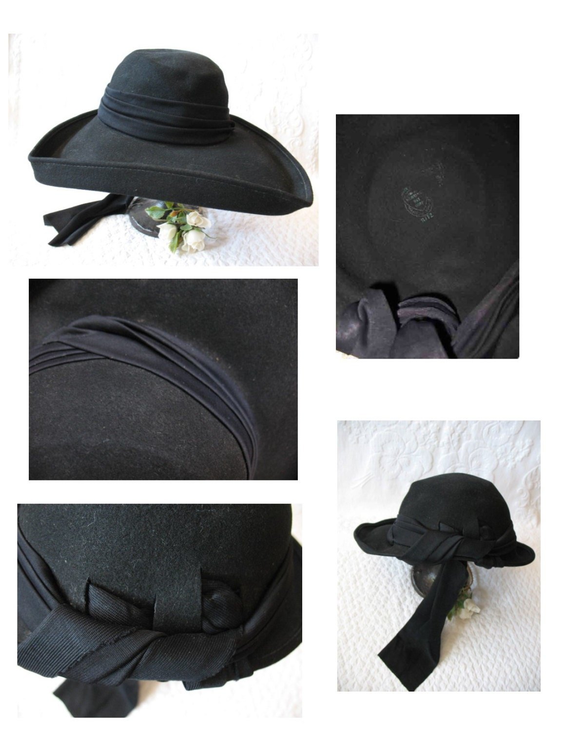 Vintage Black Hat Picture Hat  Katharine Hepburn Society Girl Mid Century Hollywood Glamour Retro Party Boho Cosplay WhenRosesBloom