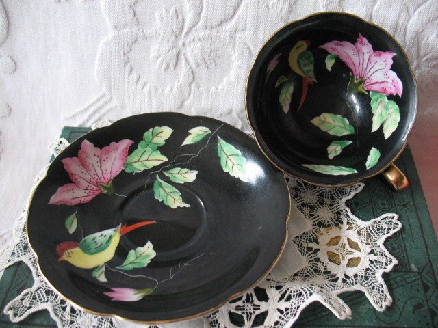 Vintage Tea Cup Black Pink Floral Bird Occupied Japan Mid Century Tea Gift Steampunk Victorian Downton Cottage Shabby Chic WhenRosesBloom