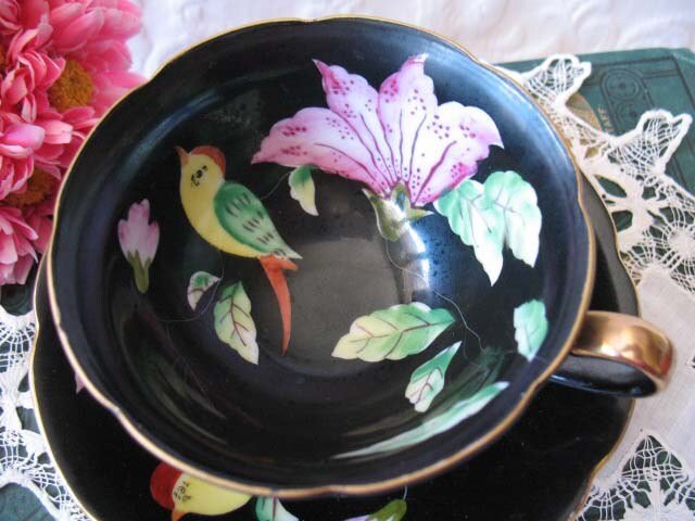 Vintage Tea Cup Black Pink Floral Bird Occupied Japan Mid Century Tea Gift Steampunk Victorian Downton Cottage Shabby Chic WhenRosesBloom