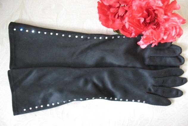 Black Gloves Sz 7.5 Rhinestone Elegant Vintage Hollywood Glamour Mid Century Cocktail Party Lady Mary Downton Marilyn Monroe WhenRosesBloom