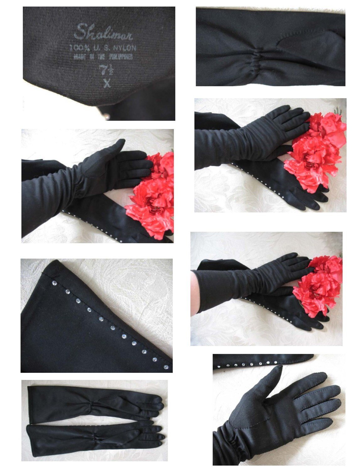 Black Gloves Sz 7.5 Rhinestone Elegant Vintage Hollywood Glamour Mid Century Cocktail Party Lady Mary Downton Marilyn Monroe WhenRosesBloom