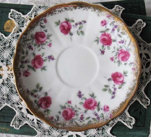 Teacup Footed Pink Chintz Roses Trimont Japan Vintage Elegant Mid Century Tea Gift Victoria Downton Tea Cottage Shabby Chic WhenRosesBloom