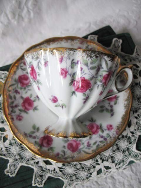 Teacup Footed Pink Chintz Roses Trimont Japan Vintage Elegant Mid Century Tea Gift Victoria Downton Tea Cottage Shabby Chic WhenRosesBloom