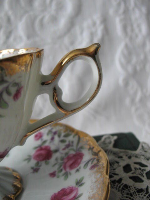 Teacup Footed Pink Chintz Roses Trimont Japan Vintage Elegant Mid Century Tea Gift Victoria Downton Tea Cottage Shabby Chic WhenRosesBloom