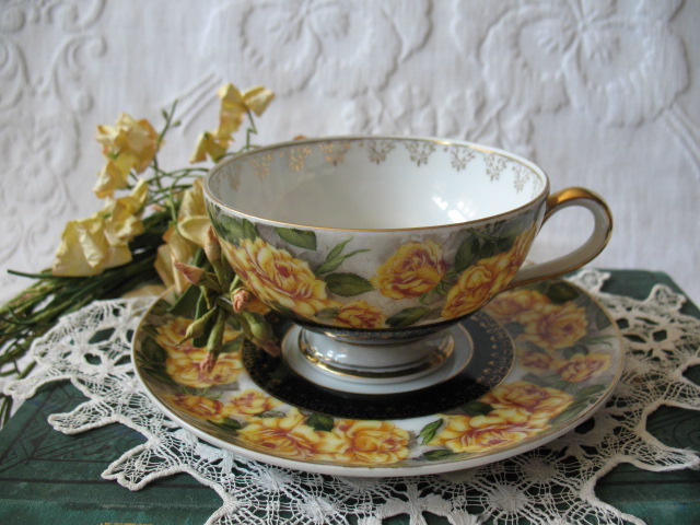 Vintage Teacup Footed Yellow Roses Black Gold Japan Mid Century TeaTime Gift Downton Abbey Tea Farmhouse Cottage Shabby Chic WhenRosesBloom