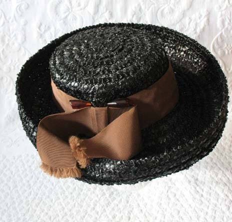 Vintage Black Hat Summer Straw Mid Century Retro Party Tea Party Garden Party That Girl  60s Style Retro English Breton WhenRosesBloom