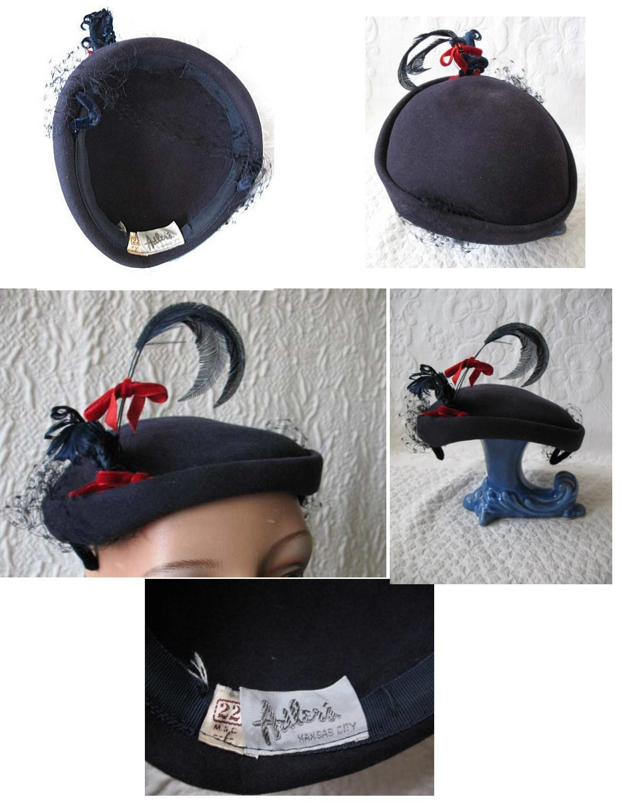 Blue Hat Fascinator Kate Middleton Princess Diana Style Hat Vintage Fashion Statement feathers Pancake Hat Like New 1940-50  WhenRosesBloom