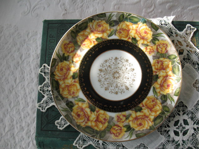 Vintage Teacup Footed Yellow Roses Black Gold Japan Mid Century TeaTime Gift Downton Abbey Tea Farmhouse Cottage Shabby Chic WhenRosesBloom