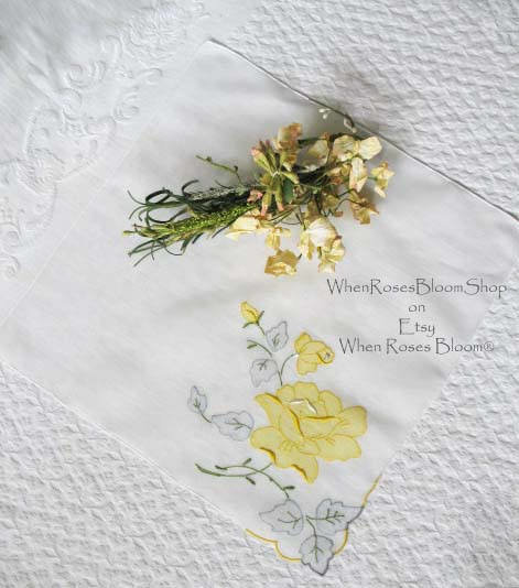 Vintage Hanky Yellow Rose Wedding Madeira Keepsake Remembrance Antique Linen Heirloom Needlework Hankerchief  Free Ship  US  WhenRosesBloom