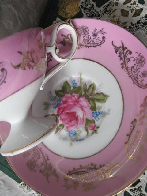 Vintage Tea Cup Pink Rose Footed Royal Halsey Gold Japan Downton TeaTime Gift Cottage Shabby Chic Mid Century Tea Style  WhenRosesBloom