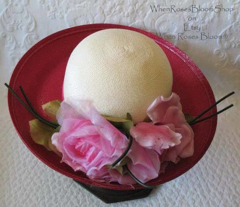 Vintage Hat Roses Pink White Garden Party Downton Abbey Classic Tea Party Wedding Elegant Straw Kentucky Derby Hat New York WhenRosesBloom