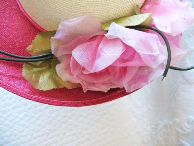 Vintage Hat Roses Pink White Garden Party Downton Abbey Classic Tea Party Wedding Elegant Straw Kentucky Derby Hat New York WhenRosesBloom