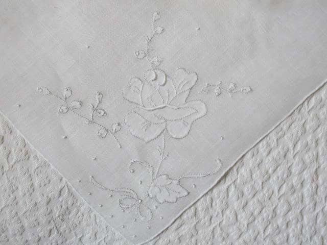Vintage White Hanky Madeira Rose Wedding Keepsake Remembrance Heirloom Embroidery Classic Gift  Heirloom Linen Free Ship  US  WhenRosesBloom