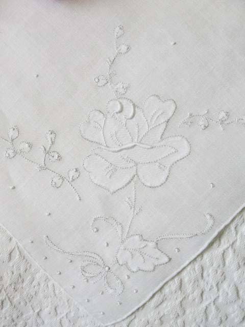 Vintage White Hanky Madeira Rose Wedding Keepsake Remembrance Heirloom Embroidery Classic Gift  Heirloom Linen Free Ship  US  WhenRosesBloom