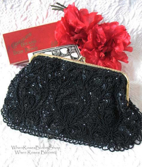 Black Beaded Purse Evening Purse Vintage Mid Century Retro Classic  Glamour Dance Cocktail Party Steampunk WhenRosesBloom