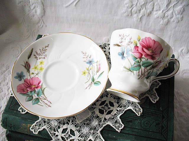 Tea Cup Pink Blue Flower English Bone China Vintage Retro Tea Gift Dainty Mid Century Cottage Farmhouse Shabby Chic WhenRosesBloom