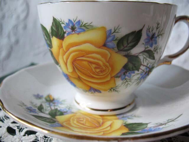 Vintage Tea Cup Yellow Roses English Bone China Retro Classic TeaTime Gift Mid Century Shabby Chic Downton Abbey Style WhenRosesBloom