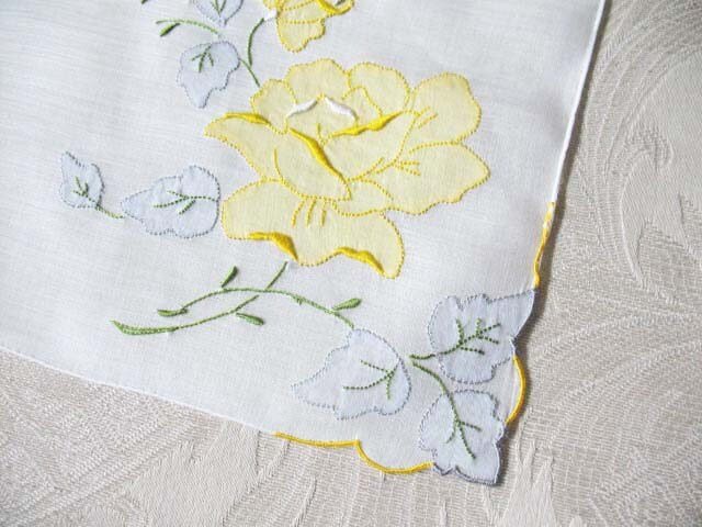 Vintage Hanky Yellow Rose Wedding Madeira Keepsake Remembrance Antique Linen Heirloom Needlework Hankerchief  Free Ship  US  WhenRosesBloom