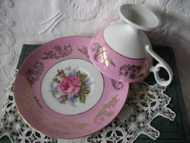 Vintage Tea Cup Pink Rose Footed Royal Halsey Gold Japan Downton TeaTime Gift Cottage Shabby Chic Mid Century Tea Style  WhenRosesBloom