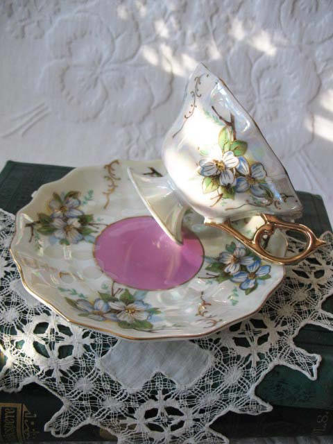 Vintage Footed  Tea Cup Pink Pearl Wild Roses MOP Made Japan Downton TeaTime Gift Cottage Shabby Chic Mid Century Tea Style WhenRosesBloom