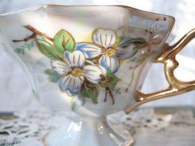 Vintage Footed  Tea Cup Pink Pearl Wild Roses MOP Made Japan Downton TeaTime Gift Cottage Shabby Chic Mid Century Tea Style WhenRosesBloom