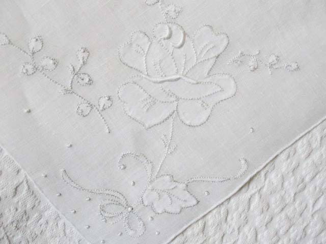 Vintage White Hanky Madeira Rose Wedding Keepsake Remembrance Heirloom Embroidery Classic Gift  Heirloom Linen Free Ship  US  WhenRosesBloom