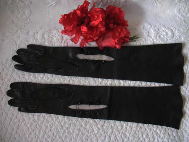 Gloves Black Leather Vintage Opera Debutante 6.5 Miss Fisher Downton Lady Mary Titanic Steampunk Cosplay NOS FREE Ship USA   WhenRosesBloom