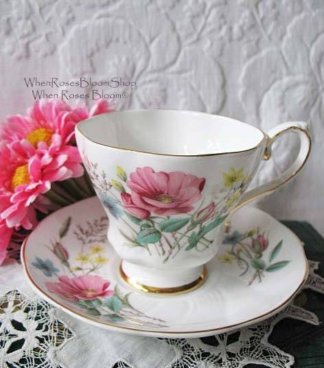 Tea Cup Pink Blue Flower English Bone China Vintage Retro Tea Gift Dainty Mid Century Cottage Farmhouse Shabby Chic WhenRosesBloom