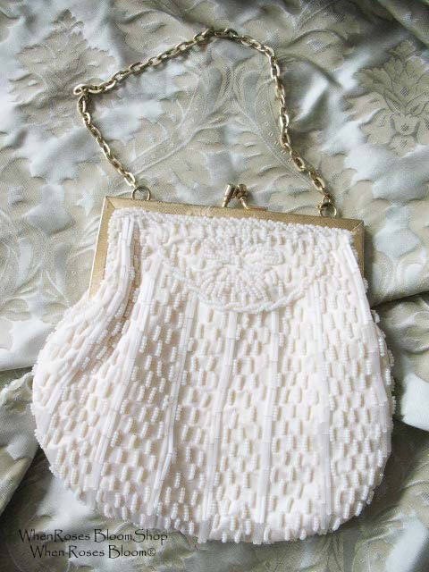 Vintage Purse White  Beaded Formal Evening Handbag 1960s Wedding Tea Party Deubutante Classic Bridal Womens's Accessories WhenRosesBloom