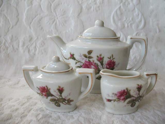 Child Moss Rose Toy Tea set Tea Pot china dishes Japan Vintage Doll Toy Tea Time Mid Century Gift Cottage Shabby Chic WhenRosesBloom