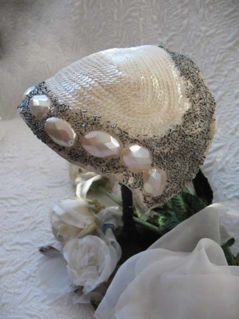 Vintage Hat 1920s Wedding Bridal Headpiece Fascinator Tea Party Cocktail  Gatsby Cosplay White Silver Beadwork Art Deco When Roses Bloom