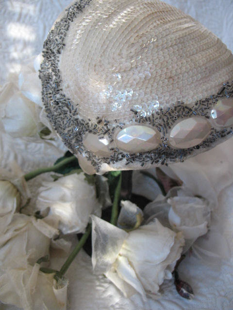 Vintage Hat 1920s Wedding Bridal Headpiece Fascinator Tea Party Cocktail  Gatsby Cosplay White Silver Beadwork Art Deco When Roses Bloom