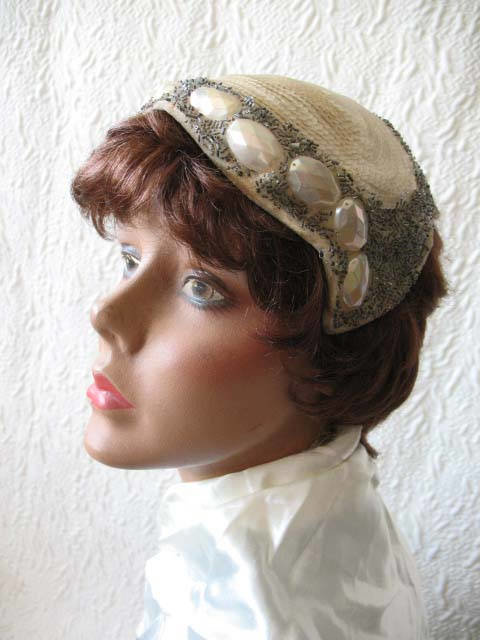 Vintage Hat 1920s Wedding Bridal Headpiece Fascinator Tea Party Cocktail  Gatsby Cosplay White Silver Beadwork Art Deco When Roses Bloom