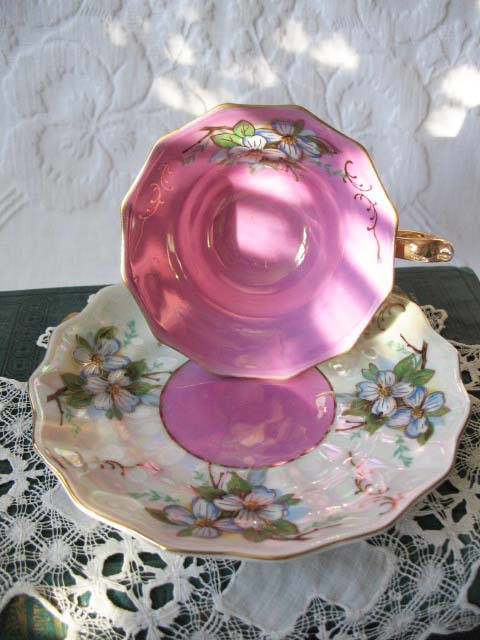 Vintage Footed  Tea Cup Pink Pearl Wild Roses MOP Made Japan Downton TeaTime Gift Cottage Shabby Chic Mid Century Tea Style WhenRosesBloom