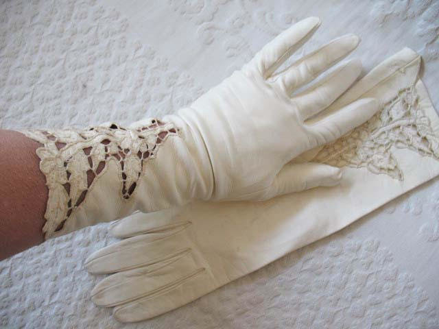 Vintage White Italian Leather Matinee Gloves Retro Wedding Bride Tea NOS Downton Titanic Jane Austen Cosplay Free Ship  US When Roses Bloom