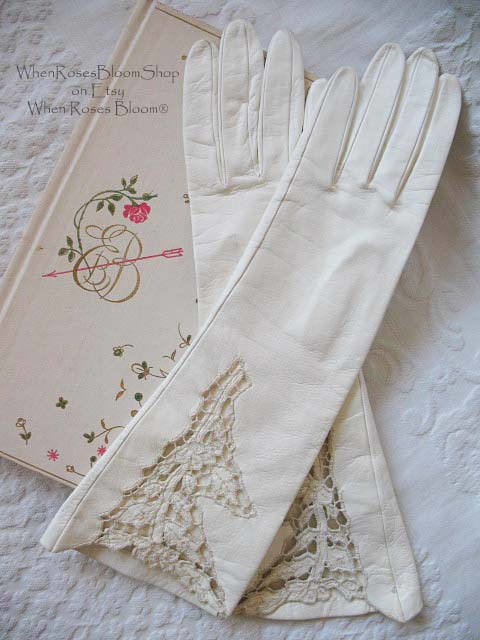 Vintage White Italian Leather Matinee Gloves Retro Wedding Bride Tea NOS Downton Titanic Jane Austen Cosplay Free Ship  US When Roses Bloom