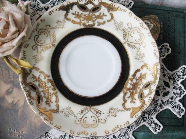 Vintage Tea Cup Footed Black Gold Japan Royal Sealy Downton Elegant Steampunk Cosplay Gentlemens  Tea Birthday Shower Gift WhenRosesBloom