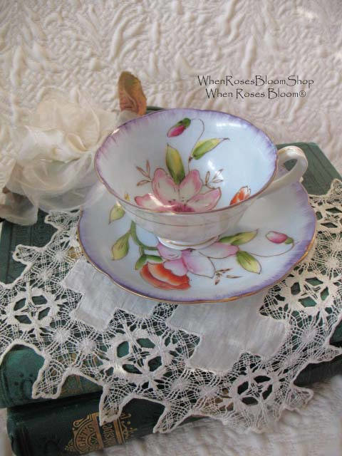 Vintage Tea Cup Blue Floral Footed Japan Downton Tea Cottage Shabby Chic Mid Century Tea Birthday Shower Girlfriend Wife Gift WhenRosesBloom
